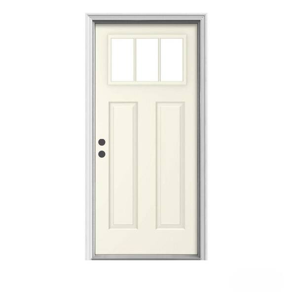 JELD-WEN 36 in. x 80 in. 3-Lite Craftsman Vanilla Painted Steel Prehung Right-Hand Inswing Front Door w/Brickmould