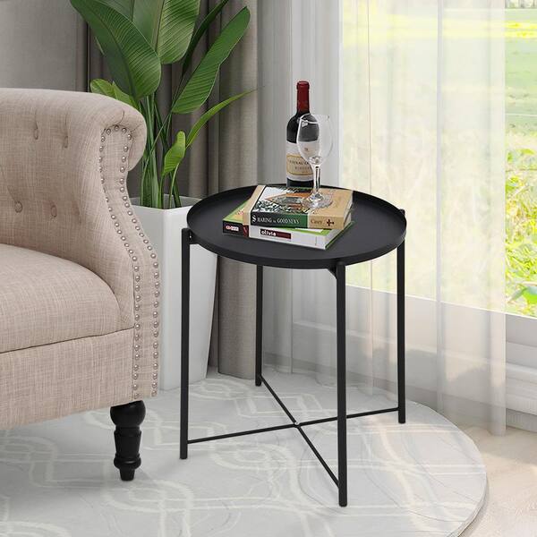 Black Round Metal Tray Top End Table, Round Metal Tray Table
