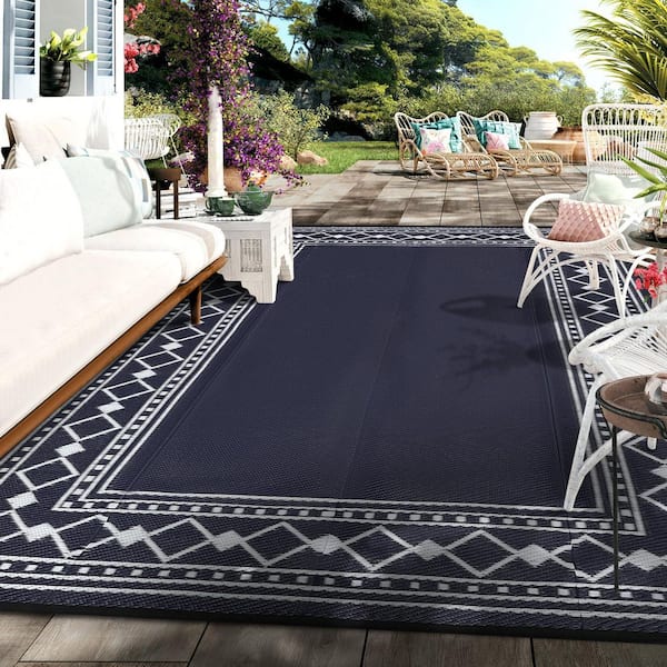 Outdoor Rug 10 ft. x 14 ft. Waterproof Reversible Plastic Straw Mat for Patio, Deck, Balcony, Backyard Dark Blue