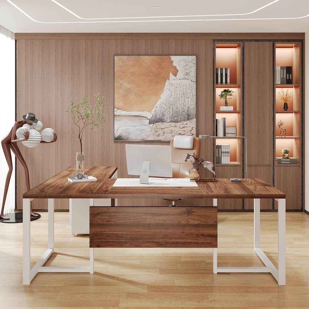 Walnut and White L-Shaped Executive Desk with Filing Cabinet