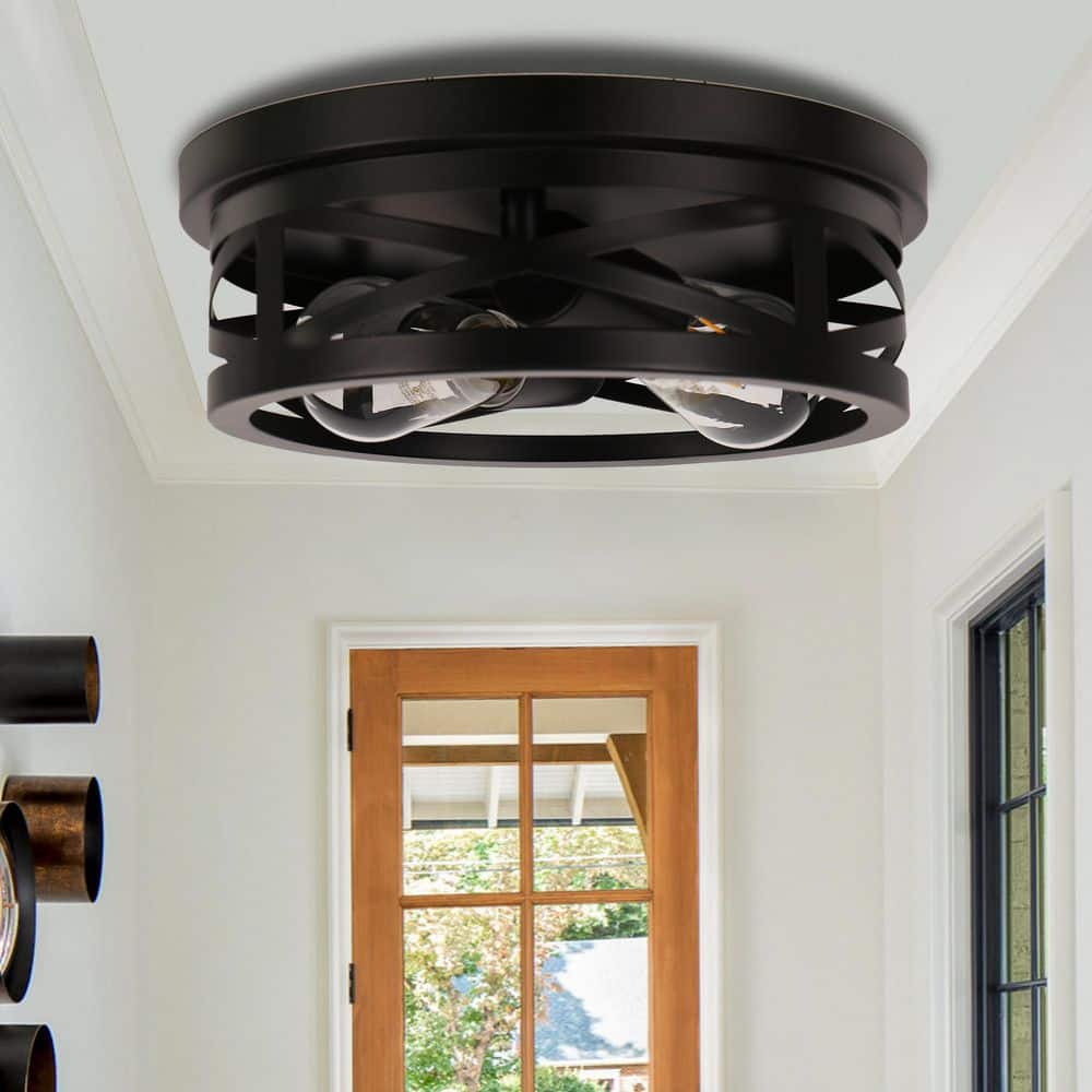 11 in.2-Light Black Flush Mount with Drum Metal Cage Shade for Entryway Bedroom (2-Pack) price history on PriceWatchPro
