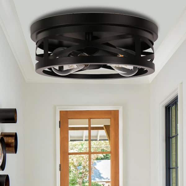 11 in.2-Light Black Flush Mount with Drum Metal Cage Shade for Entryway Bedroom (2-Pack)