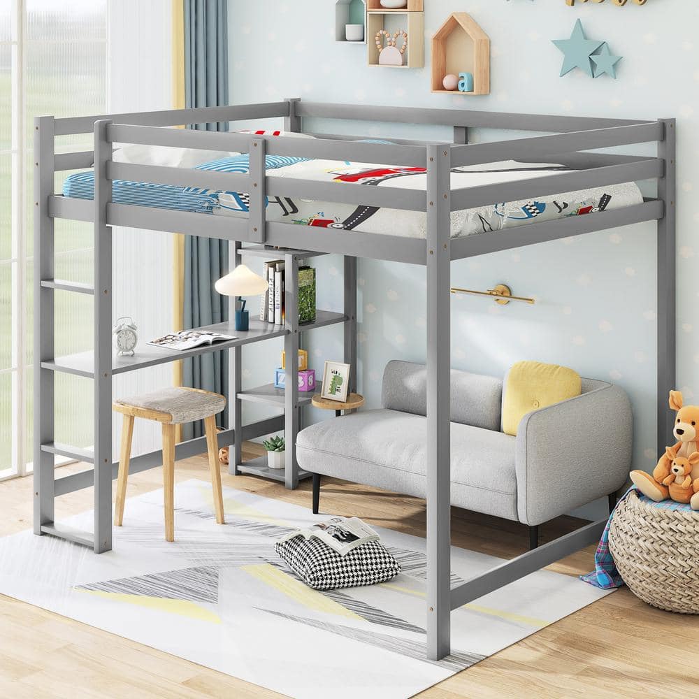 Harper & Bright Designs Gray Wood Frame Full Size Loft Bed with Built ...