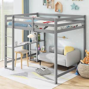 Gray Wood Frame Full Size Loft Bed with Built-in Desk and Ladder, Storage Shelves