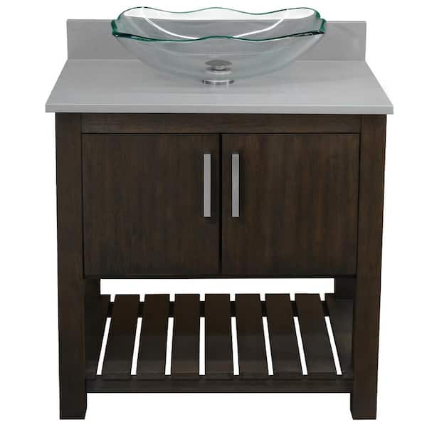 Novatto Ocean Breeze 31 in. W x 22 in. D x 31 in. H 1 Clear Sink with BN Drain Bath Vanity in Cafe Mocha with Grey Quartz Top