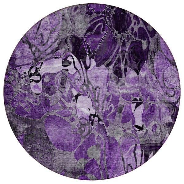 Purple 8 ft. x 8 ft. Woven Abstract Polyester Round Indoor / Outdoor Area Rug
