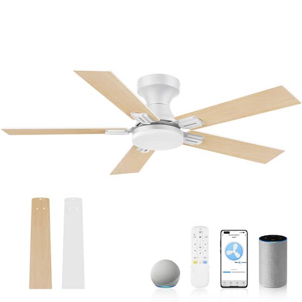 42in. Smart Standard Outdoor Indoor White Flush Mount Ceiling Fan with LED Lights,Remote,Voice Control Via Alexa,6-Speed