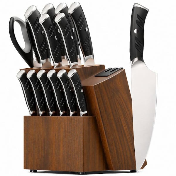 15-Piece High Carbon Stainless Steel Kitchen Knife Set with Block, Dual Sharpener, and Black Handles