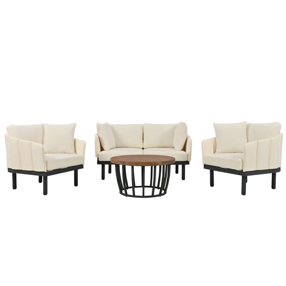 Modern 4-Piece Metal Outdoor Iron Conversation Loveseat Set with Beige Cush