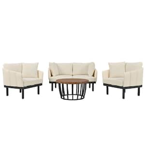 Modern 4-Piece Metal Outdoor Iron Conversation Loveseat Set with Beige Cushions, Acacia Wood Coffee Table, Arm Chairs
