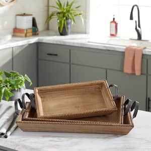 Brown Wood Decorative Tray with Metal Handles (Set of 3)