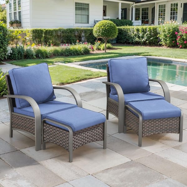 ArcMetal 4-Piece Brown Wicker Outdoor Lounge Chairs Patio Armchairs with Navy Blue Cushions and Ottomans