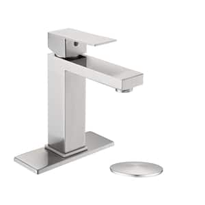 Modern Single Handle Single Hole Bathroom Faucet with Deckplate Included and Spot Resistant in Brushed Nickel