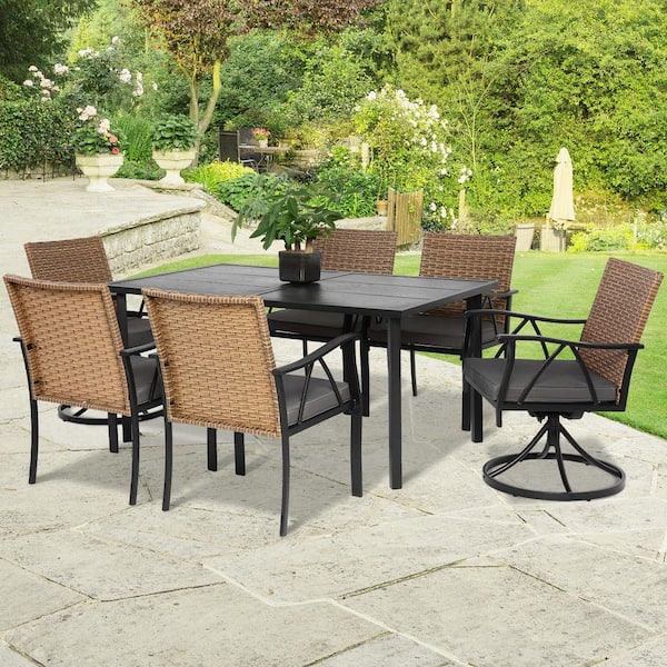 7-Piece Metal Patio Outdoor Dining Set 6 Swivel Chairs with Cushions and 1 Rectangular Table with 1.75" Umbrella Hole