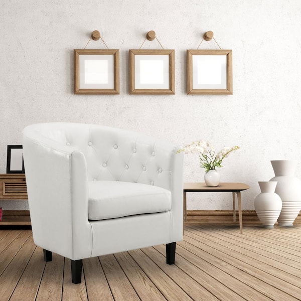 MAYKOOSH White Faux Leather Arm Chair, Button Tufted Chair