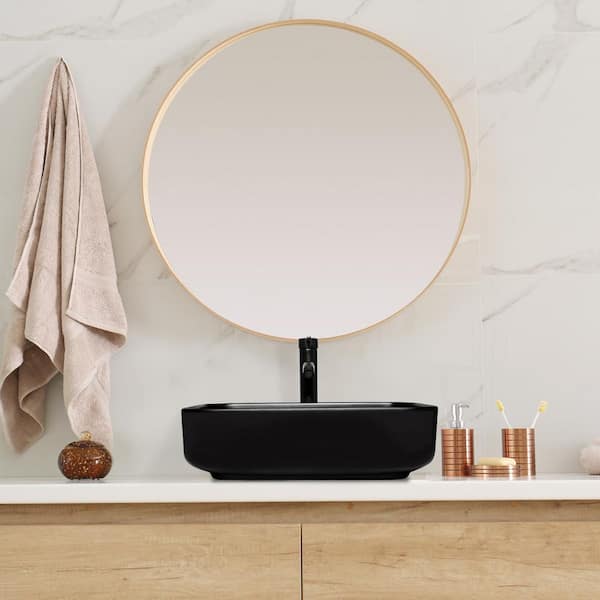 Puluomis Black Ceramic Rectangular Vessel Sink with Unique Full Black Design in Black Faucet Pop up Drain Set