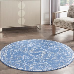 Whimsicle Blue 5 ft. Floral French Country Contemporary Round Area Rug