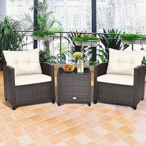 3-Piece Patio Rattan Furniture Set with White Cushion