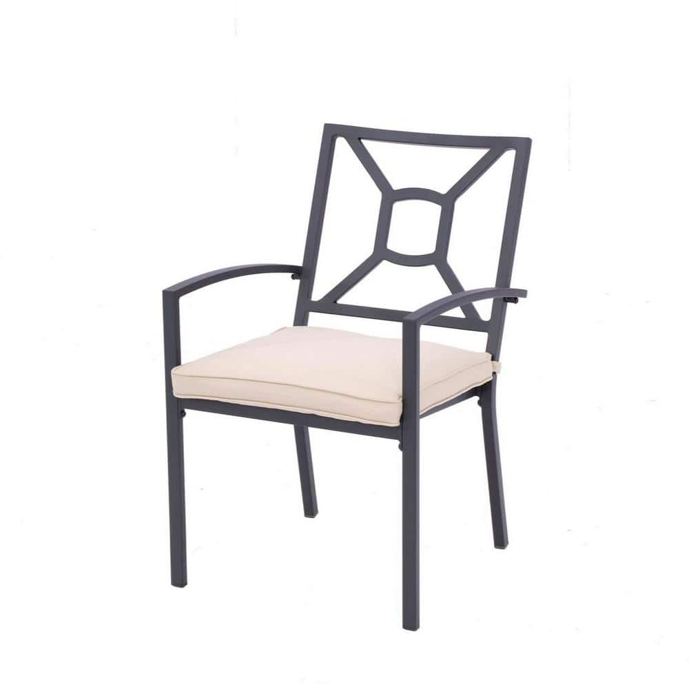 Black Aluminum Outdoor Dining Chair with Beige Cushion - Set of 2