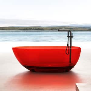 59 in. x 31 in. Freestanding Oval Soaking Stone Resin Bathtub in Pure Resin Red with Polished Chrome Pop Up Drain