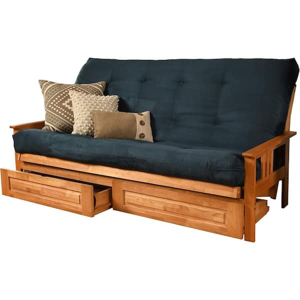 85 in. Butternut/Suede Navy Polyester Upholstered Queen Size Futon Set with Mattress and Storage Drawers
