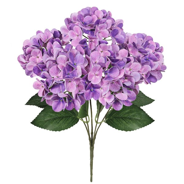 LIVING LUXURY 18 in. Purple Natural Touch Artificial Hydrangea Flower Stem Bush Bouquet (Set of 2)