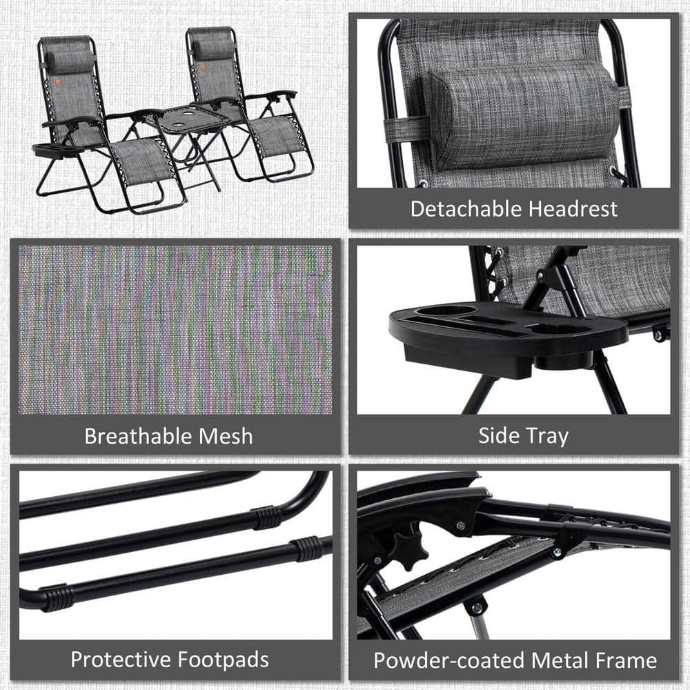 Outsunny Gray Steel Zero Gravity Reclining Chair Set with Table
