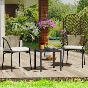 3-Piece Yellow Wicker Stackable Outdoor Bistro Set with Coffee Table and Beige Cushions