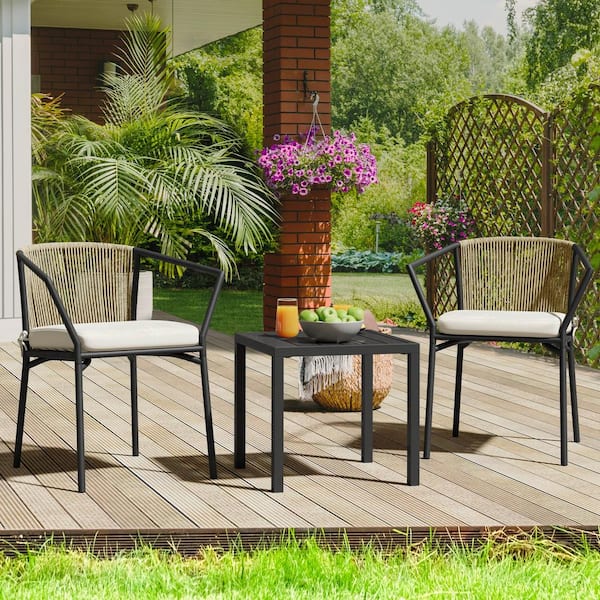 DEXTRUS 3-Piece Yellow Wicker Stackable Outdoor Bistro Set with Coffee Table and Beige Cushions