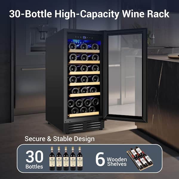 15 in. 30-Bottle Single Zone Wine Cooler in Black Built-in or Freestanding with Childproof Lock Auto Blue Lighting