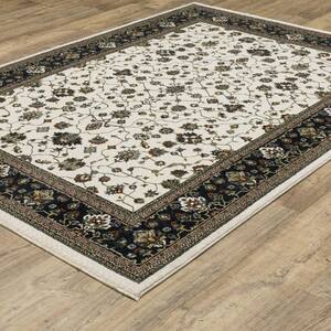 Victoria Ivory/Navy 4 ft. x 6 ft. Classic Oriental Bordered Polyester Fringed-Edge Indoor Area Rug