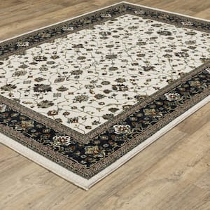 Victoria Ivory/Navy 5 ft. x 8 ft. Classic Oriental Bordered Polyester Fringed-Edge Indoor Area Rug