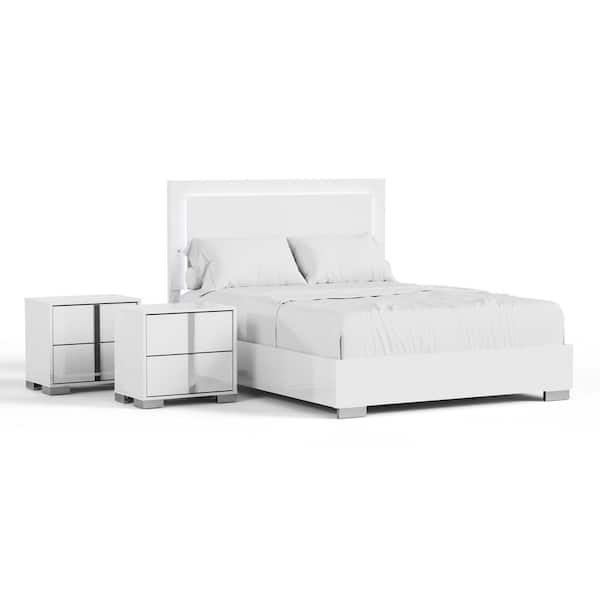Mesala 3-Piece White Wood Frame King Panel Bedroom Set with LED Light on Headboard, Chrome Accents and Legs