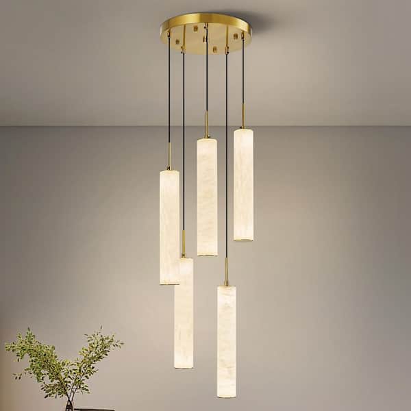 Natural Alabaster 35-Watt 5-Light Gold Integrated LED Pendant Lights with White Marble Long Tube Shade for Kitchen