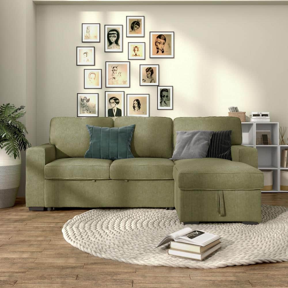 Green Corduroy Fabric Sectional Sofa with Storage Ottoman