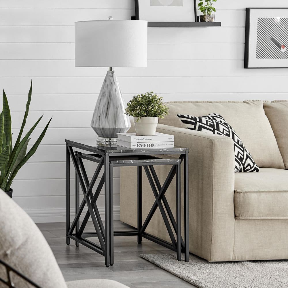 Modern Faux Marble and Black Metal Nesting End Table Set