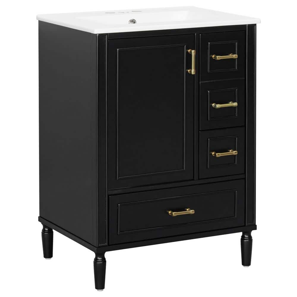 24 in Rectangle Black Bathroom Vanity Vessel Bathroom Sink with Soft-Close Doors and 3 Drawers for Space-Saving Storage