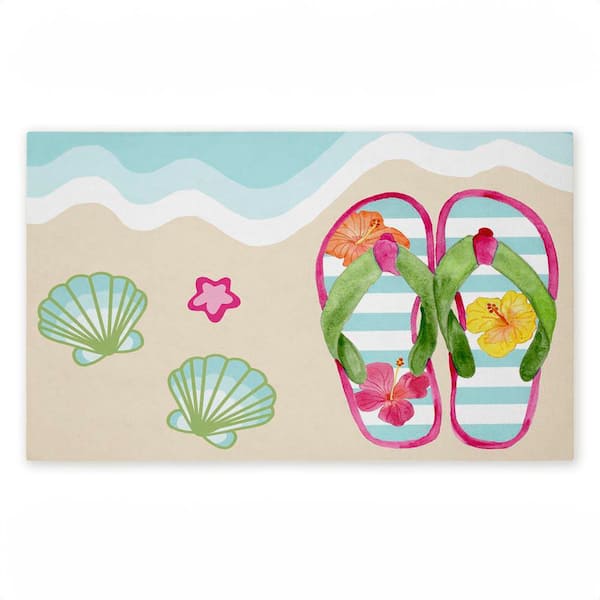 Flip Flops on Beach Shore Beige 18 in. x 30 in. Polyester Non-Slip Outdoor Door Mat