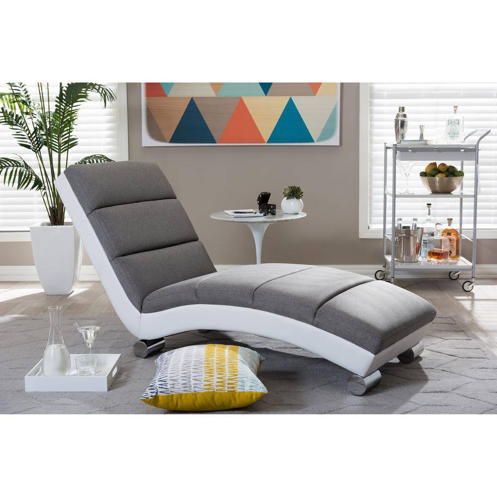 Contemporary Gray Faux Leather & Wood Curved Chaise Lounge