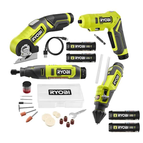 RYOBI USB Lithium 4 Tool Kit w/Screwdriver, Glue Pen, Rotary Tool, Power Cutter, Batteries, Charger & (2) 2.0 Ah Batteries