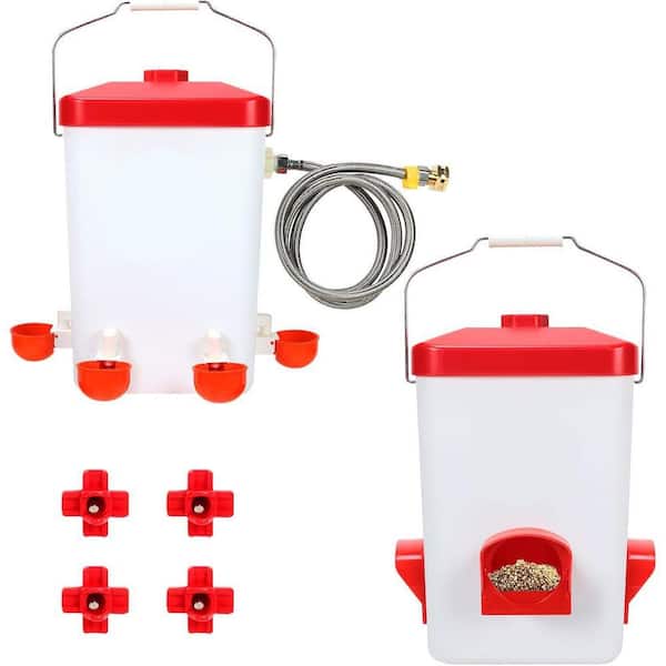Automatic Chicken Feeder and Waterer Set with 3 Gal. Waterer Nipples and Feeding Ports for Poultry Coop Accessories