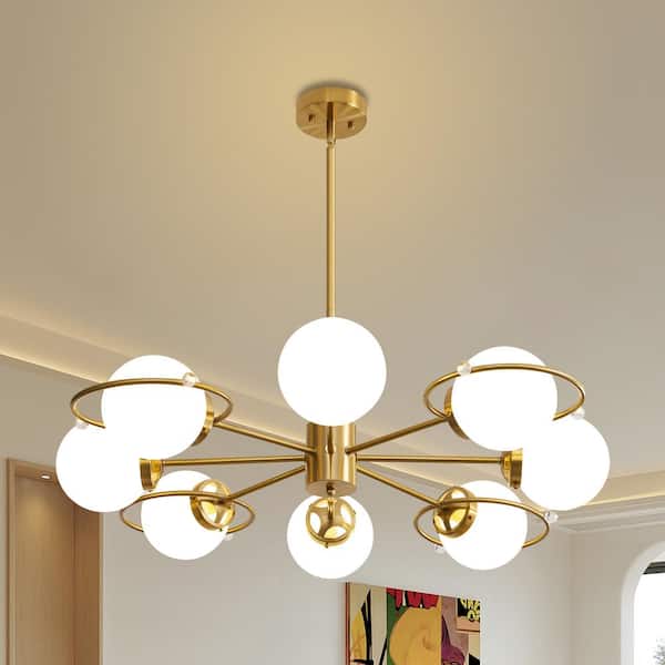 Deyidn Modern 8-Light Gold Sputnik Chandeliers with Milk White Glass Shade and Height Adjustable, Bulbs Not Included