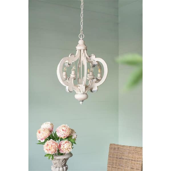 CottaIron 6-Light Distressed White Pendant with Adjustable Chain Wood Chandelier for Hallway, with No Bulbs Included