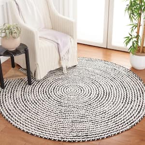 Braided Black Ivory 6 ft. x 6 ft. Abstract Striped Round Area Rug