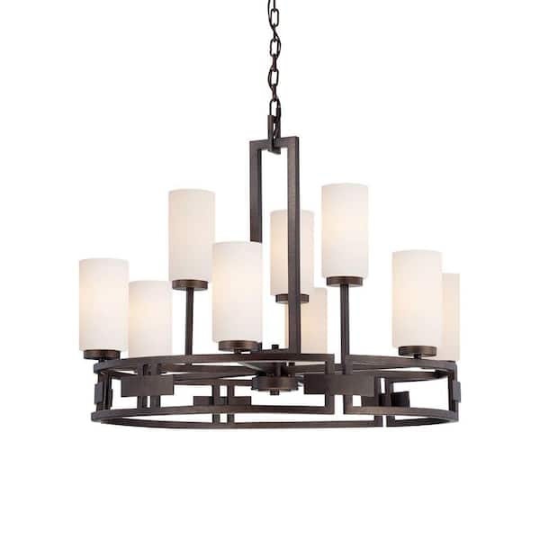 Designers Fountain Del Ray 9-Light Mid-Century Modern Flemish Bronze Chandelier with White Opal Glass Shades For Dining Rooms