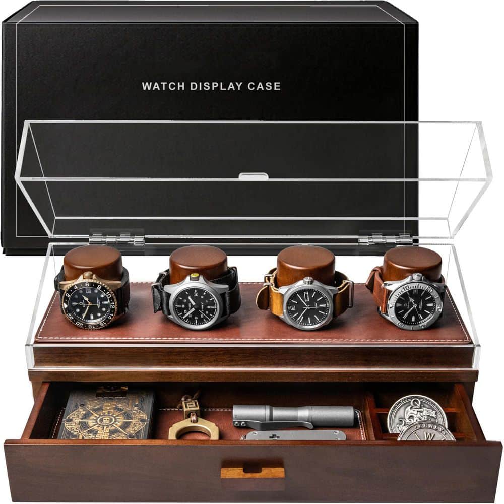 Premium 4-Slot Wooden Watch Box with Accessory Drawer and Luxury Leather  Lining, Brown, 13.5 in. x 4.5 in. x 5.5 in. WK0089 - The Home Depot, image size:1000x1000