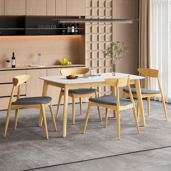 Beaver 5-Piece Natural and White Oak Rectangular Wood Top Dining Table Set with Grey Upholstered Chairs (Seats 4)