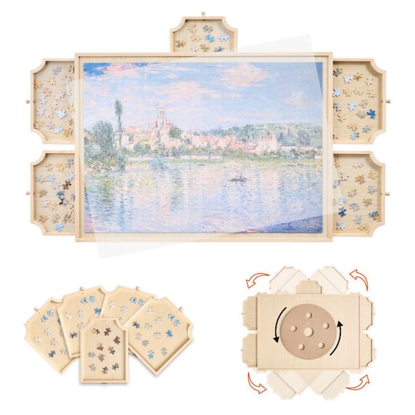 1000-Piece Rotating Puzzle Board with 5 Drawers and Cover 29 in. x 21 in. Portable Wooden Table Birthday Gift for Mom