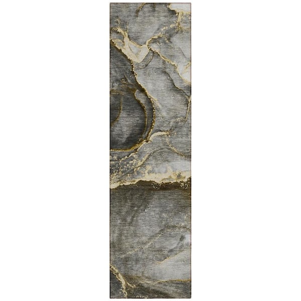 HomeRoots Gray and Gold 2 ft. x 8 ft. Woven Abstract Polyester Runner Indoor/Outdoor Area Rug