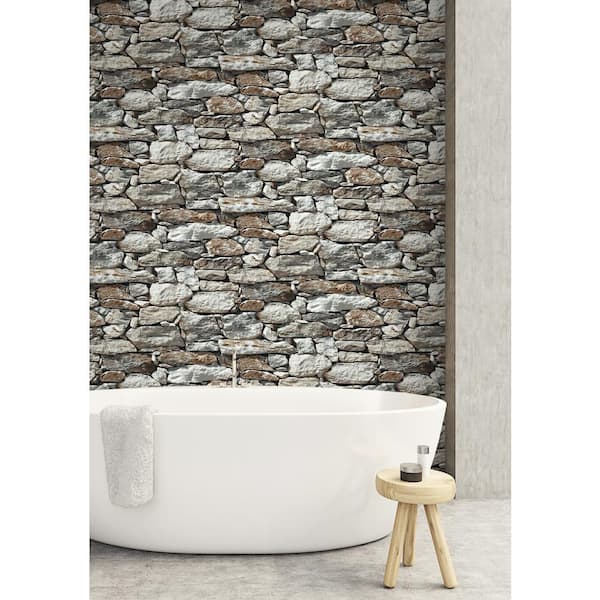 NextWall Stone Wall Grey And Taupe Brick Vinyl Peel & Stick Wallpaper Roll  (Covers  Sq. Ft.) NW30900 - The Home Depot